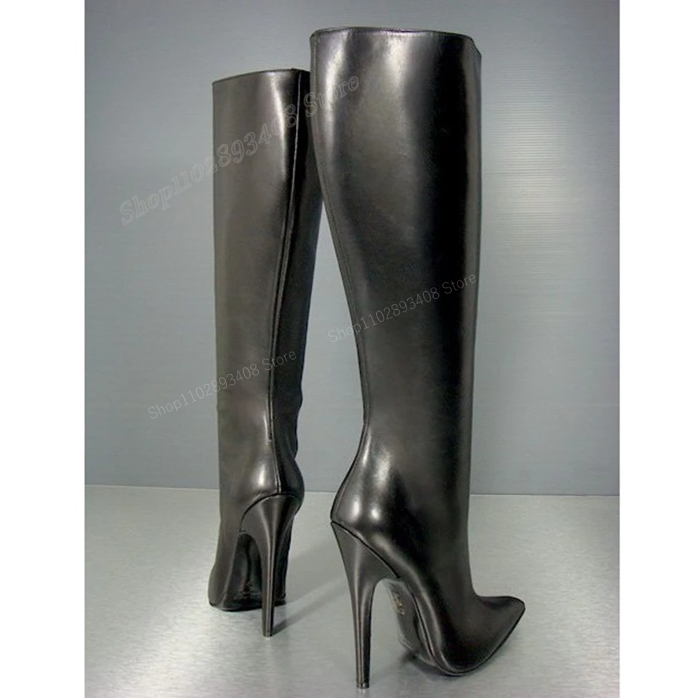 Black Matte Leather Pointed Toe Knee High Boots Solid Sexy Pointed Toe Stiletto High Heel Women Shoes 2024 Zapatos Para Mujere