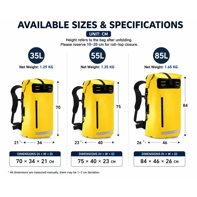 35L 55L 85L Large Capacity Waterproof Roll Top Backpack PVC Dry Bag for Camping Hiking Kayaking Fishing Outdoor Travel Gear