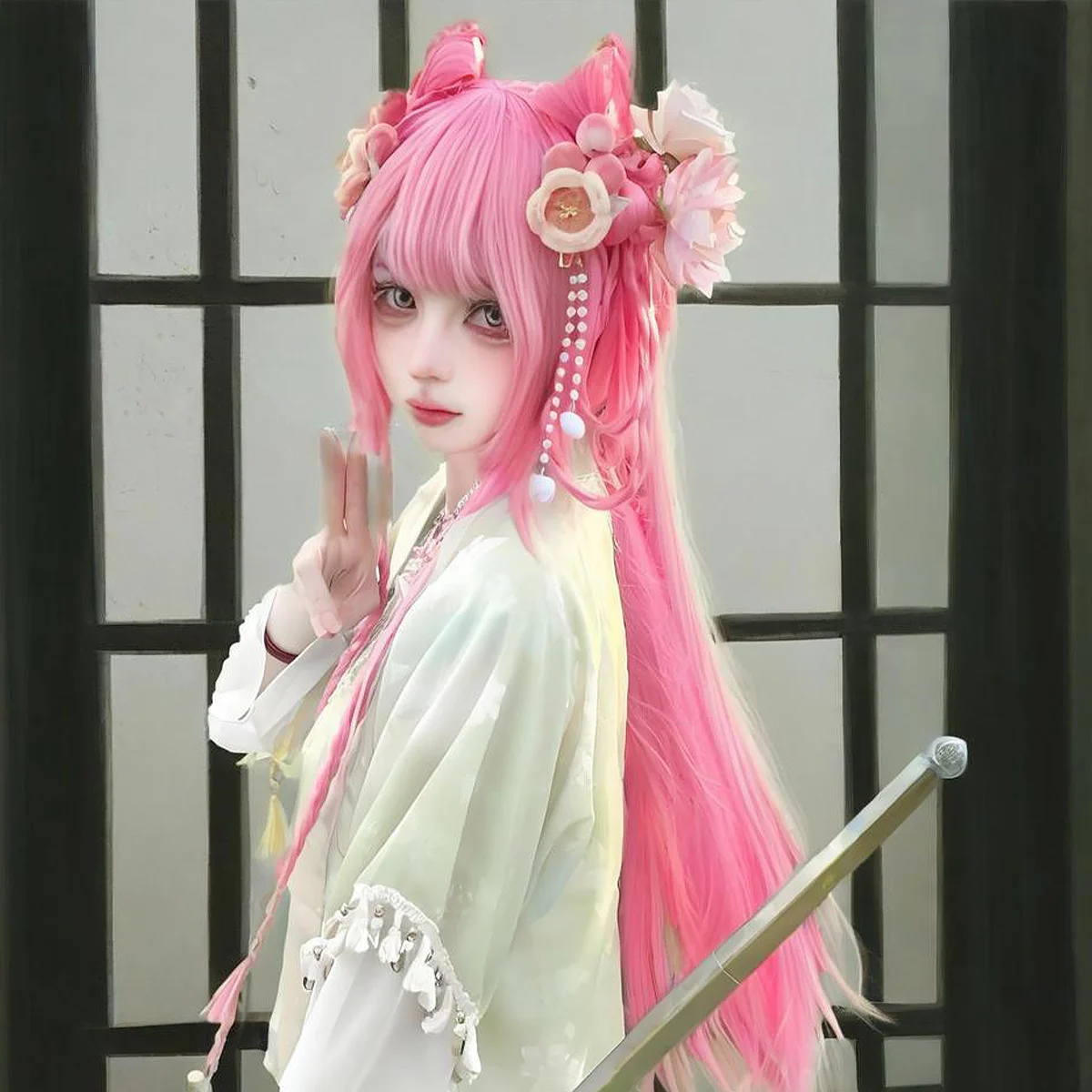 

GG Bond Li Huashi Cosplay Wig, Pink Long Straight Hair 70cm Extra Long Full Wig Humanized Character