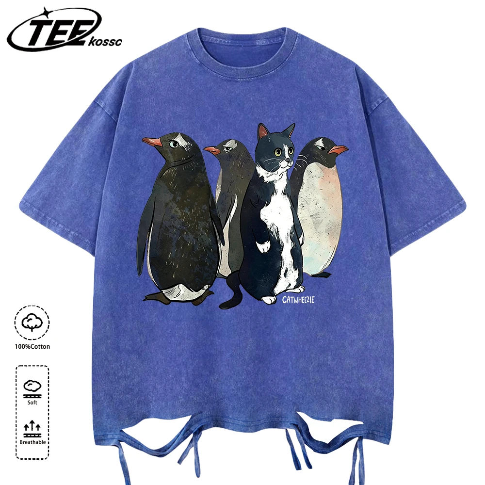 Eine Kuhkatze imitiert Pinguine Catwheezie Washed T-Shirt Herren Sommer T-Shirt Baumwolle Mode Kurzarm Unisex Farbe Weiche Kleidung