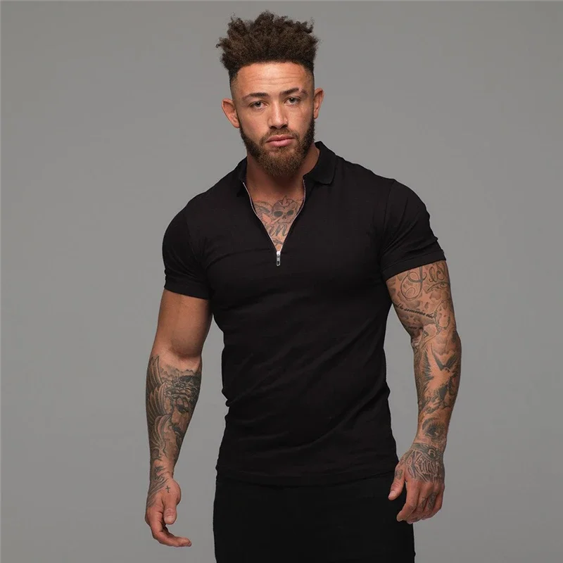 Solid Color Cotton Breathable Short Sleeve Polos Fashion Zip Collar Slim Fit Polo Shirts Gym Fitness Bodybuilding Men's Clothing