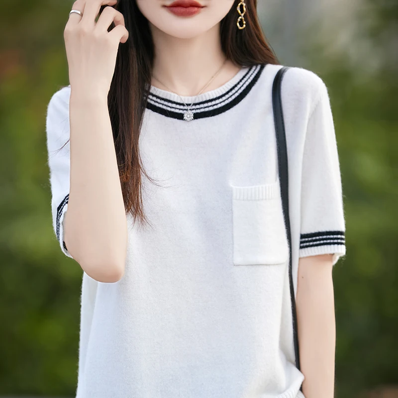 

100% wool knitted short sleeve summer new women's round neck color blocked pullover simple and comfortable T-shirt top