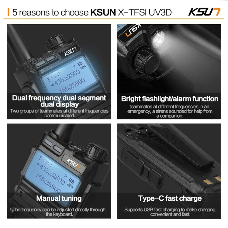 KSUN KSX-UV3D 8W High Power Long Range Walkie Talkie Set Wireless Intercom UV Dual Band Transceiver Handheld Ham Two Way Radio