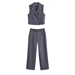 PB&ZA 2024 Spring New Women's Fashion and Versatile Herringbone Twill Double breasted Tank Top+Straight Leg Pants Set