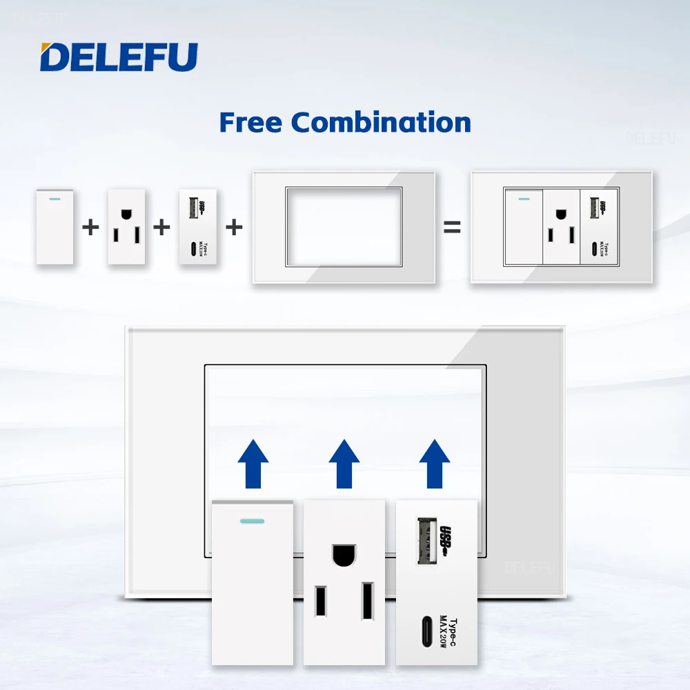DELEFU-Panel de cristal blanco de 118mm, interruptor de enchufe de pared americano tipo C estándar mexicano, carga rápida, teléfono satelital CAT5 CAT6