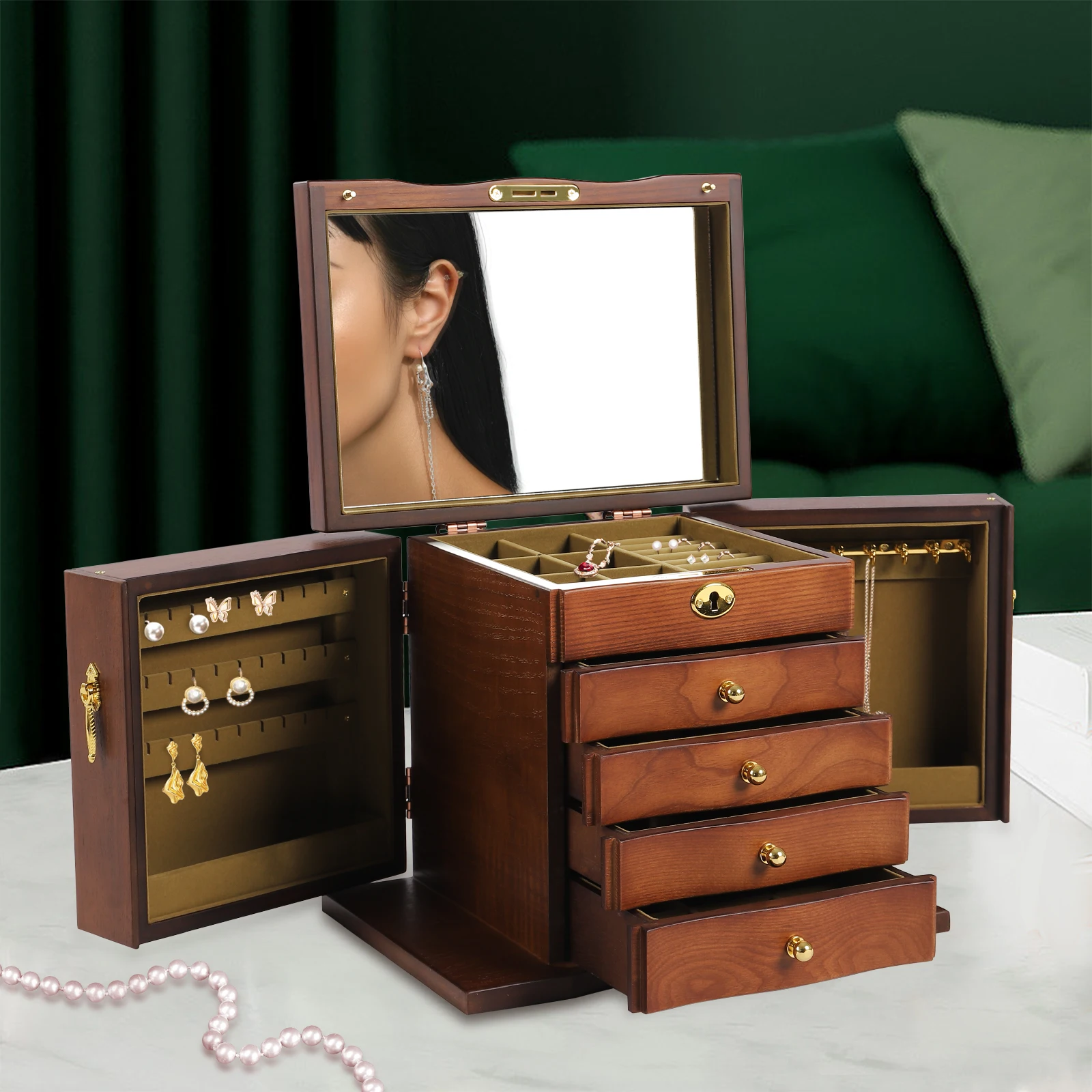 

5-Tier Wooden Jewelry Box for Women,Wood Organizer W/ Combo Lock,Vintage Style Storage Box W/ Mirror for Jewelry,Necklace,Ring