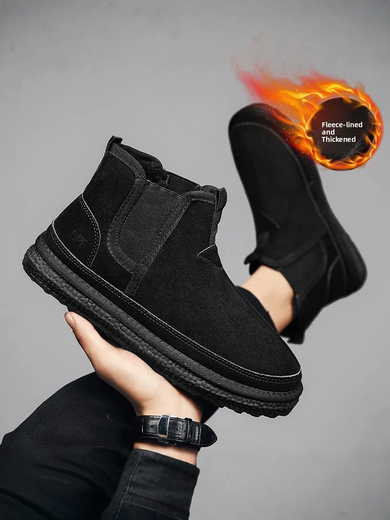 Men's Winter Snow Boots High-Top Fleece Lined Fur Integrated Cold Resistant Cotton Boots Youth Fashion Snow Boots Low Heel