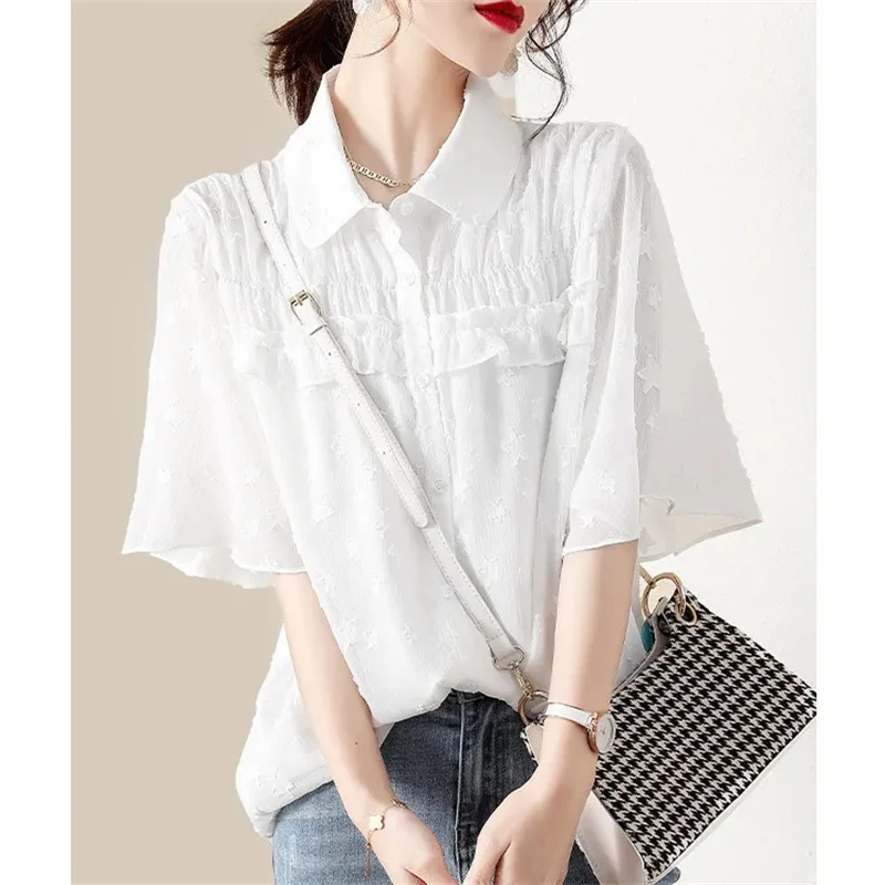 

Summer Ladies Fashion Large Size 4XL Shirts Spring Female Short Sleeved Chiffon Blouse French Women High End Casual Loose Tops