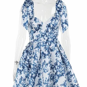 Vhıuat mavi çiçek baskı, güzel, zarif kapalı omuz mini evaze elbise, lace up kadın moda parti elbiseler, akşam, yaz 2024 8 en çok satılanlar, elbise, çiçekler, mavi-no. 7