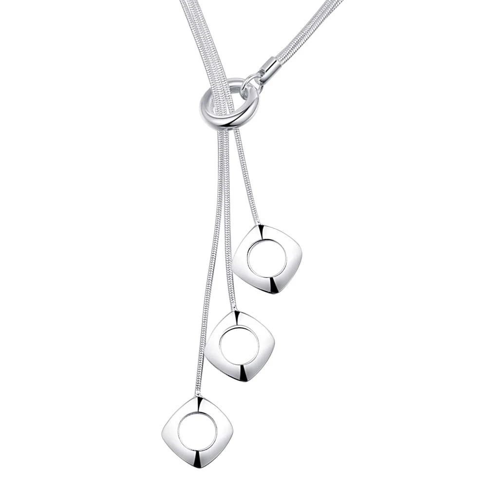 Silver 925 Square block Pendant Necklace Snake chain For Women Man Fashion Wedding Party Charm Jewelry