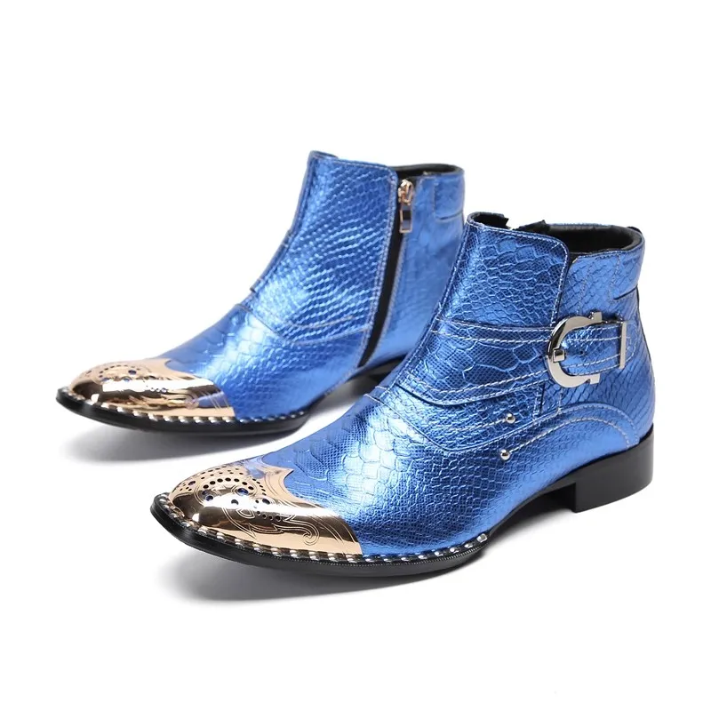 

High Quality Shoes Genuine Leather Ankle Boots For Men Chelsea Blue Snake Skin Steel Toe Buckle Man Dress Flats Bota Masculina