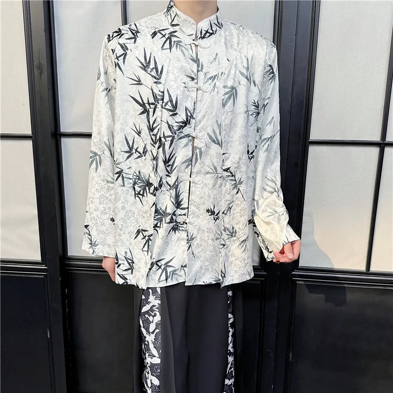 

SYUHGFA Men's Clothing Shirts Casual Chinese Style Print Stand Collar Baggy Male Long Sleeve Shirt 2024 Spring Summer New Trend