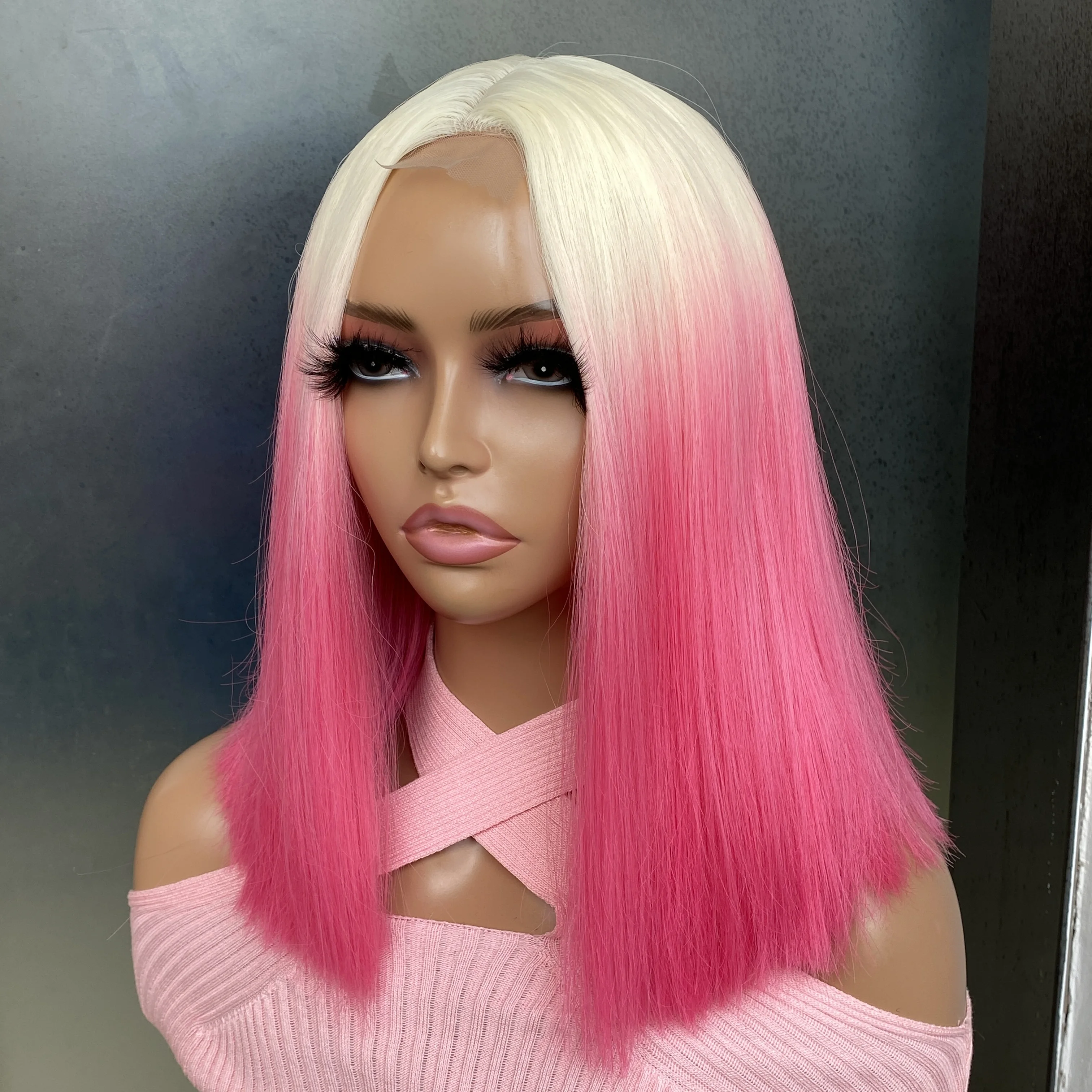 Ombre blonde pink Straight Bob Synthetic Wigs straight blonde Orange Bob Wig ombre blonde bob wigs with Bangs