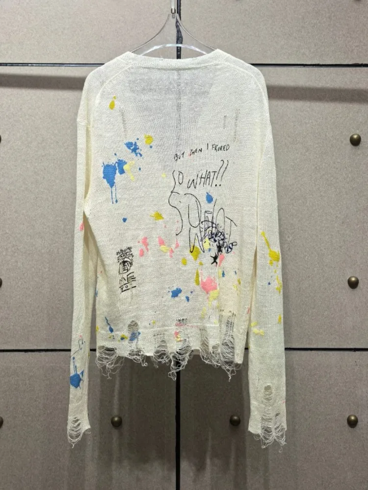 CHUJIE Cardigan da donna 2025 Primavera/Estate Nuova tendenza Cardigan lavorato a maglia con foro rotto stampato stile retrò pigro Street Graffiti