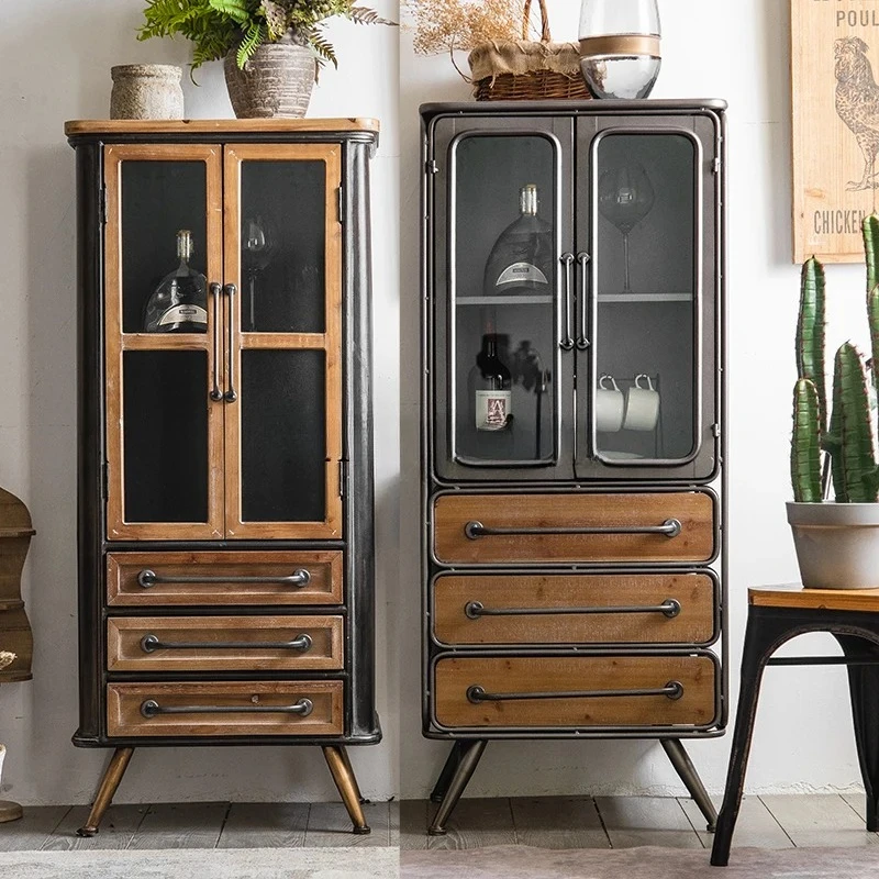 

LXY solid wood dining side wine cabinet wrought iron retro cabinet B & B living room bedroom decoration storage locker