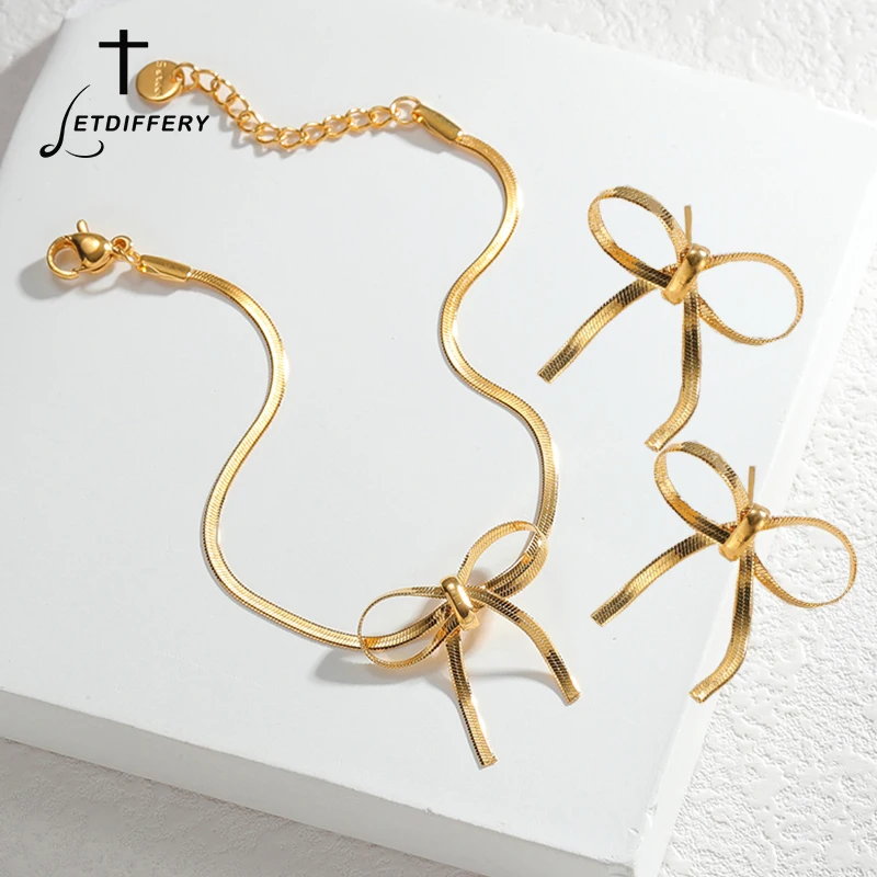 Letdiffery Stainless Steel Bow Collarbone Snake Chain Jewelry Set for Women Fashion Necklace Earring Bracelet Party Jewelry Gift