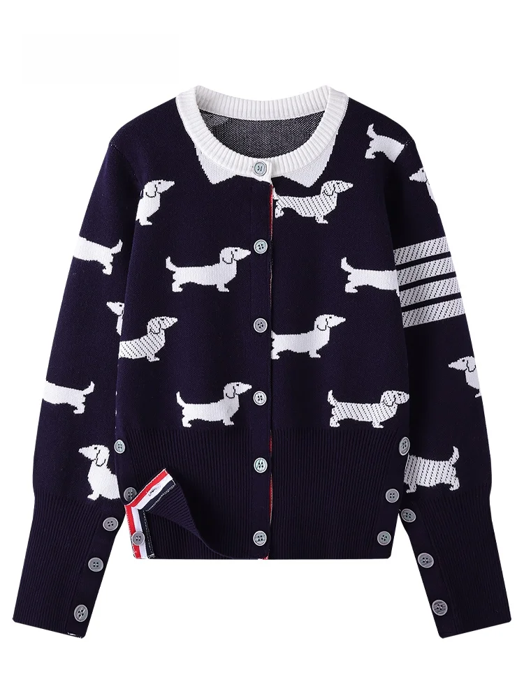 

JZZDEMM Knitted Cardigan Women's Slim Fit Faionable Knitwear Dog Pattern Waist-Cinching Open Front Long Sve Autumn Coat