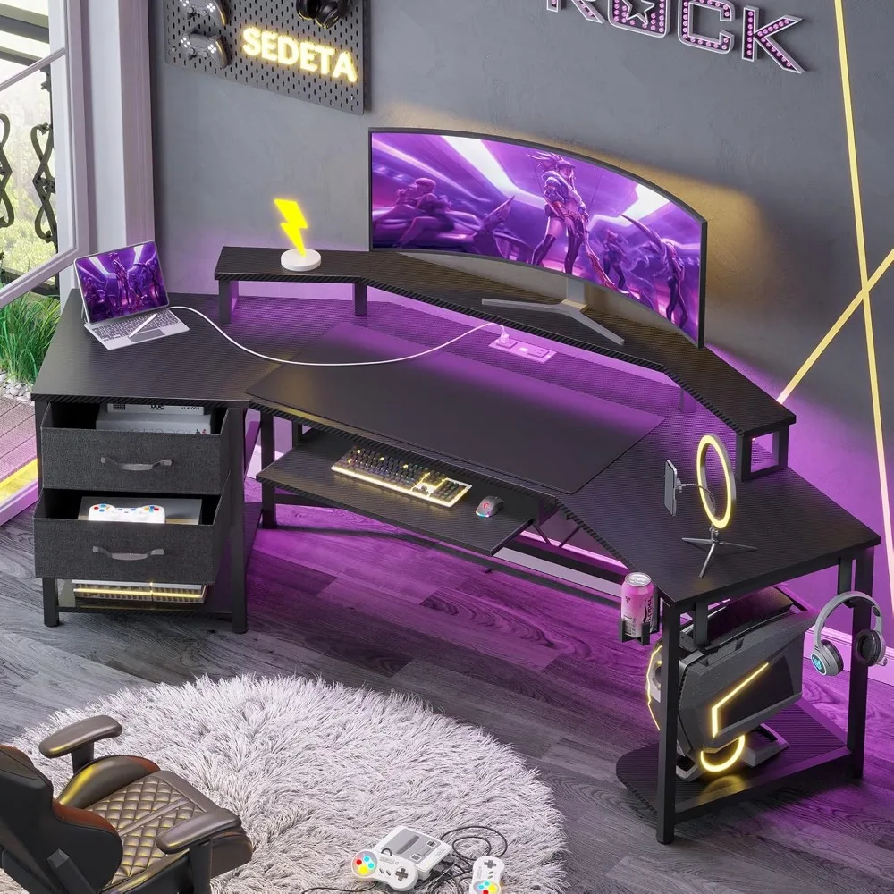 

79" L Shaped Gaming Desk with 2 Fabric Drawers, LED Light & Storage Shelf for Home Office