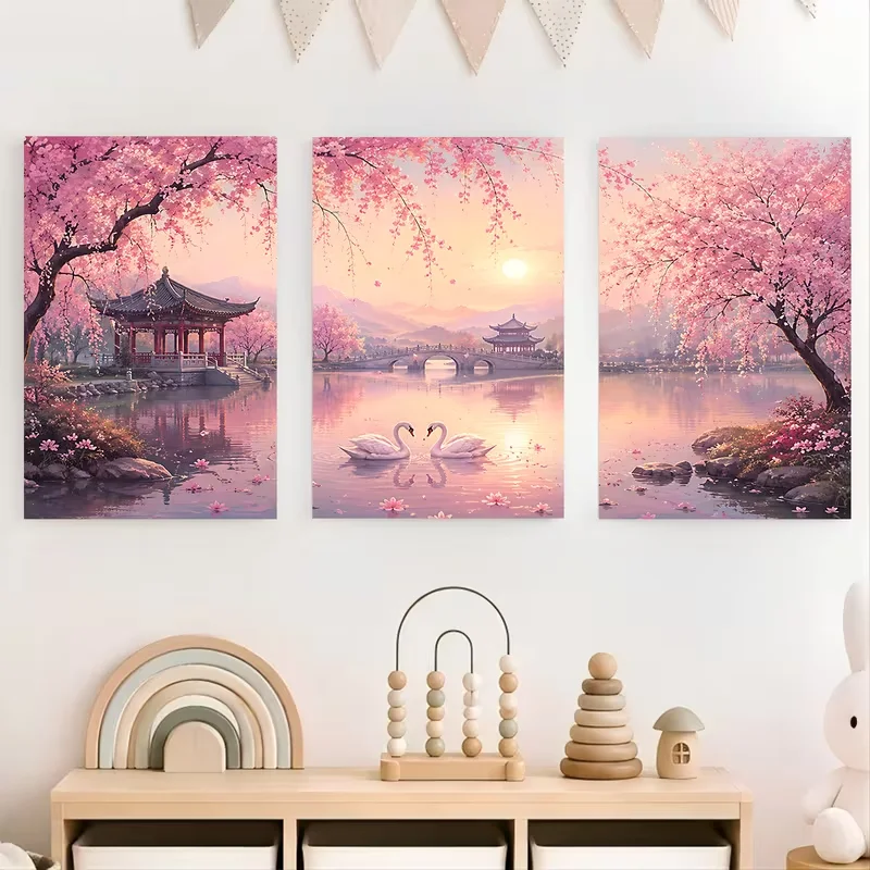 DIY Diamond Painting 3Pcs Frameless Picture Sakura Swan Pavilion Bridge Lake Triptych Full Drill Mosaic Diamond Embroidery Kits