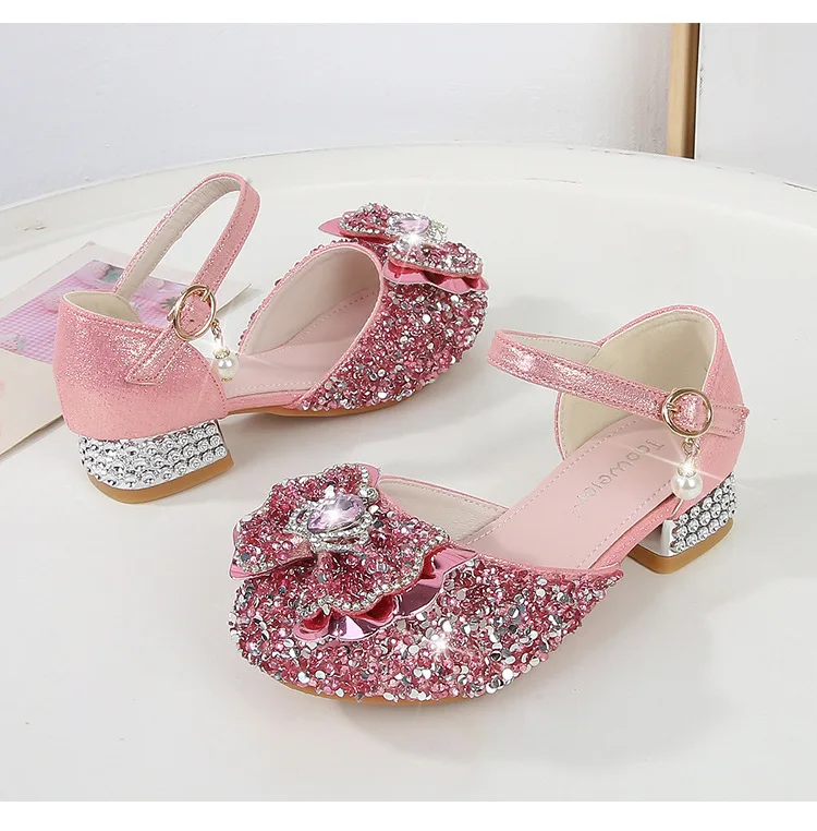 Princess Butterfly Leather Shoes Kids Diamond Bowknot High Heels Children Dance Glitter Sandals Fashion Girls Party Dance Shoe