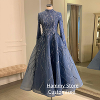 Sparkling Evening Dress Customized High Neck Long Sleeves Beading Sequined A Line Tea Length Cocktail Prom Gown Party Dress