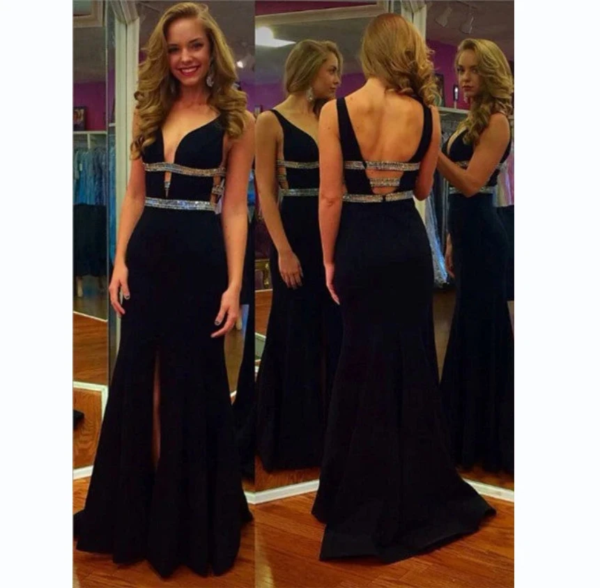 Sexy Black Deep V-neck Backless Women's Dress Crystal Sequin Halter With Slit A-Line Floor-Length Cocktail Party Ball Gown