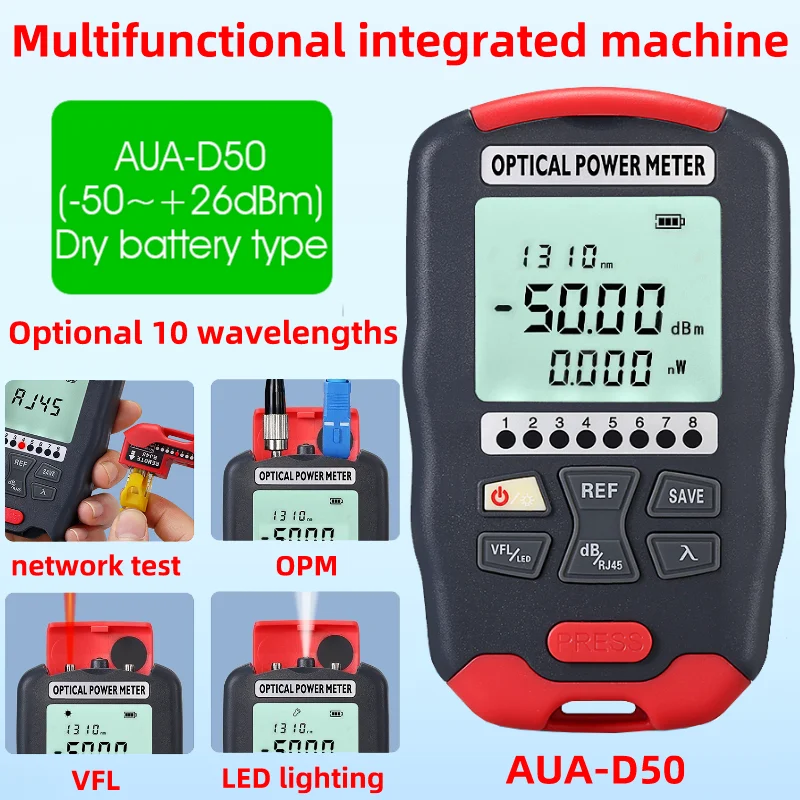 

AUA-D50 мини оптический измеритель мощности (-50 ~ + 26 OPM)/Визуальный дефектоскоп (1-50mw VFL)/сетевой тест/Фотоэлемент 4 в 1