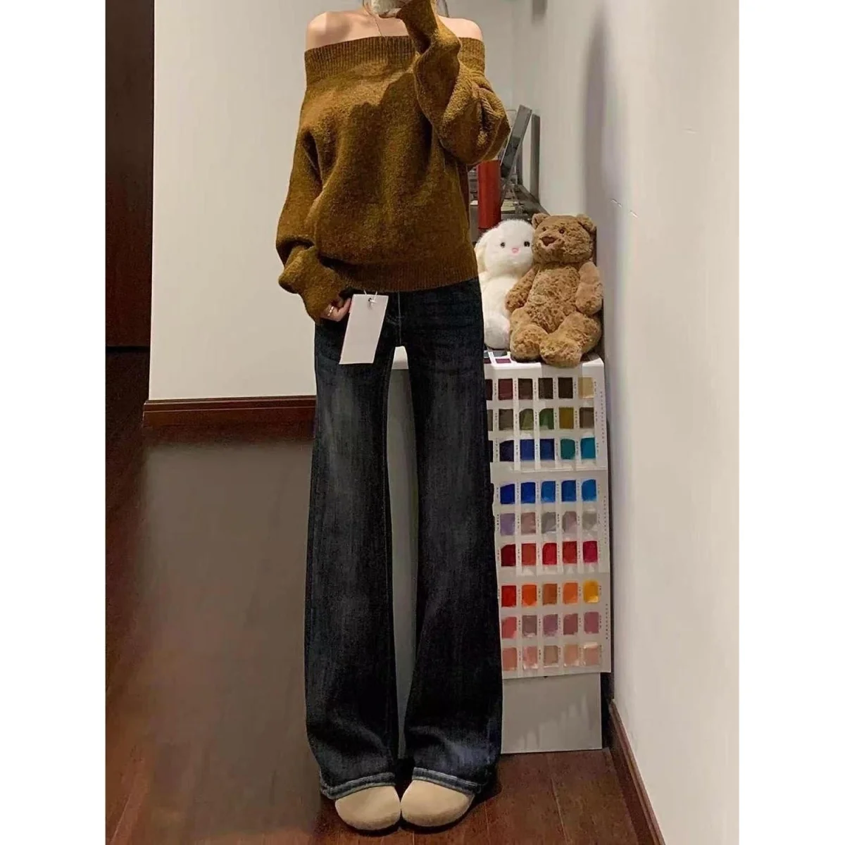 

Waed Vintage High Street American Denim Jeans Women's Autumn Winter New High Waist Wide Leg Hoof Pants Casual Wear