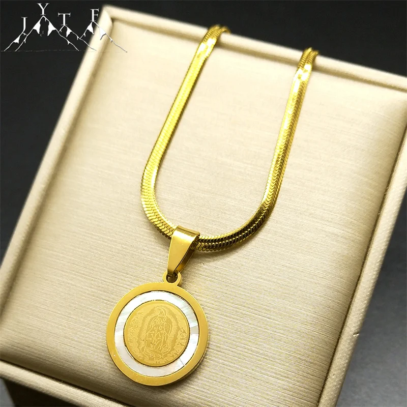 

Virgin Mary Natural Shell Pendant Necklace Women Men Stainless Steel Gold Color Medal Charm Choker Religious Jewelry Gift