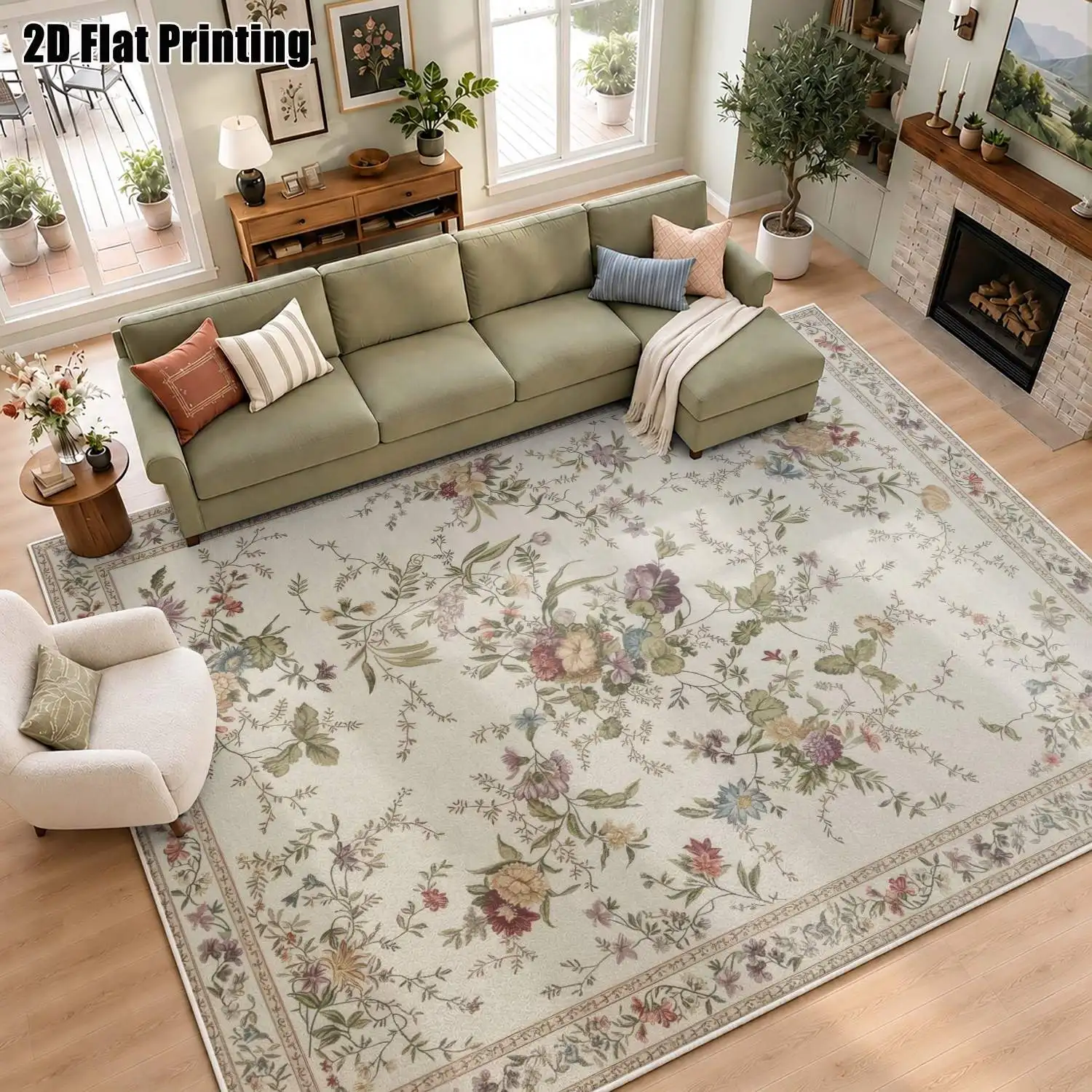 1Pc 2D Printed Retro Pink Floral Velvet Carpet, Machine Washable, Multi-Size for Home Decor, Multi-Scene Use