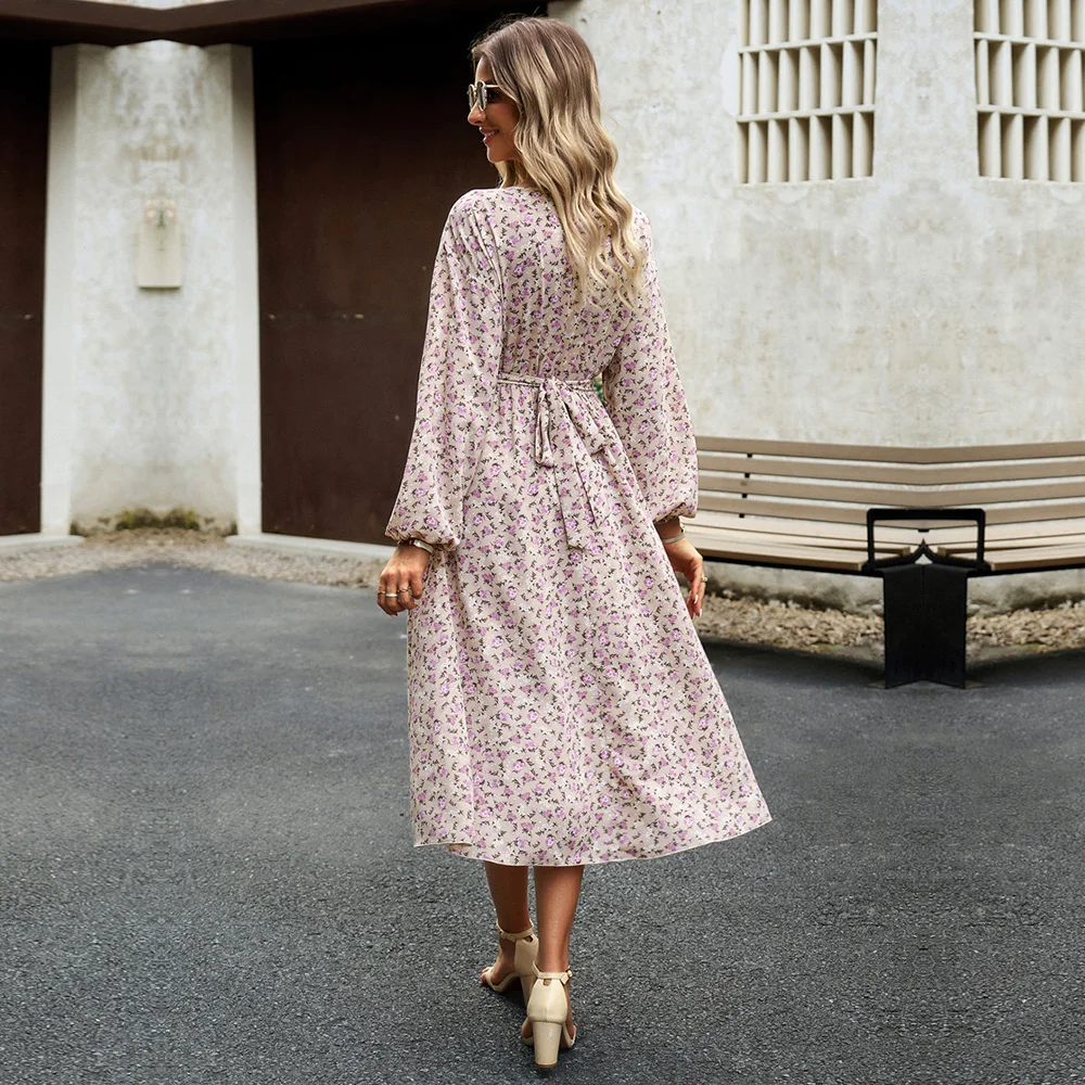 MSFILIA-Robe à fleurs fragmentées pour femmes, col rond, manches longues plissées, ligne A, robes florales élégantes, mode automne