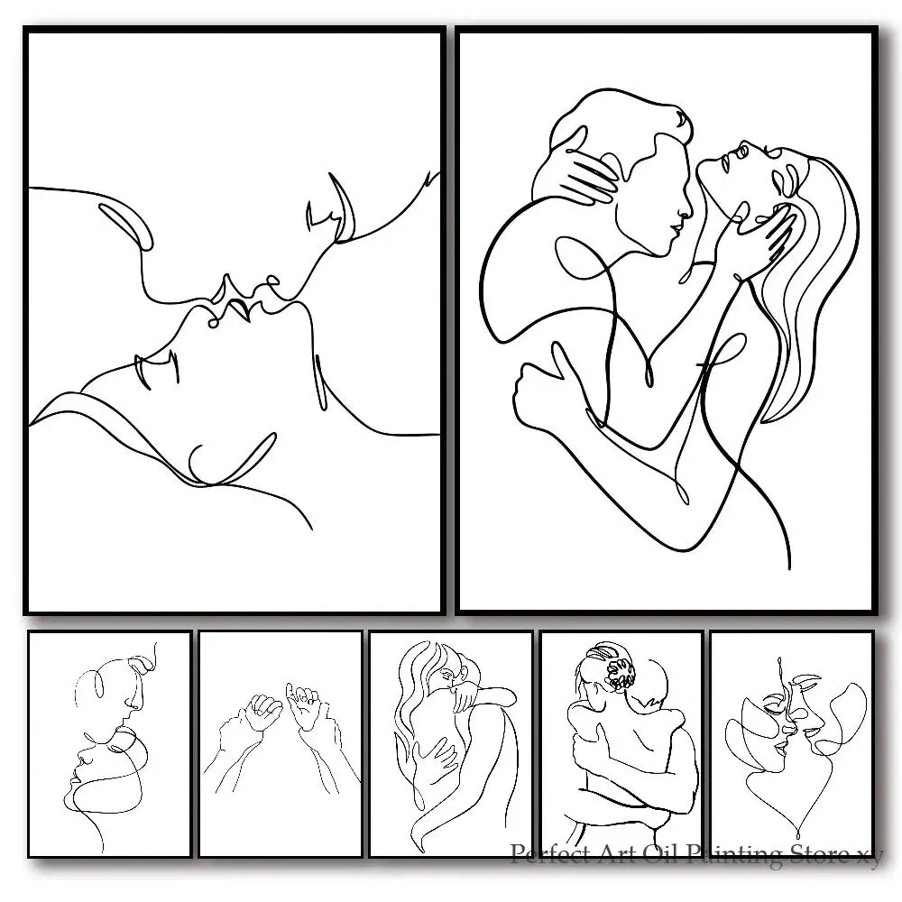 Minimalist Couple Embrace Kiss Line Art Poster Self-adhesive Art Room Entrance Restaurant Wall Decor Art Painting