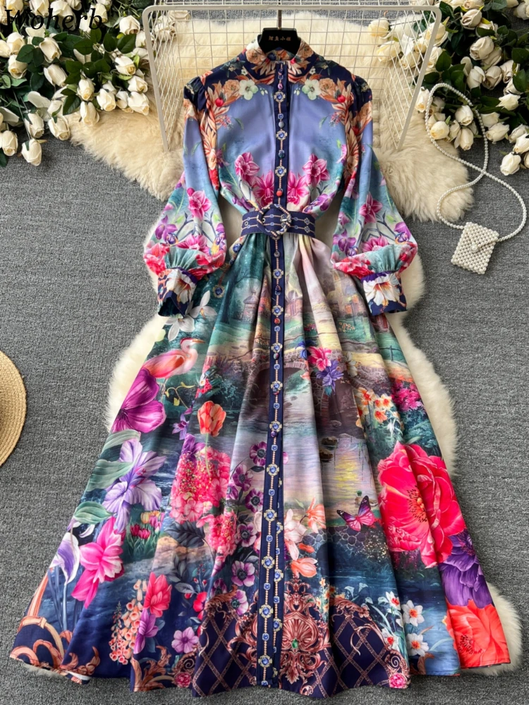 Vintage Maxi Flower Dresses Women Bohemian Single Breasted Robe Femme Stand Neck Belt Elegant Dress 2024 Vestidos De Mujer WJ