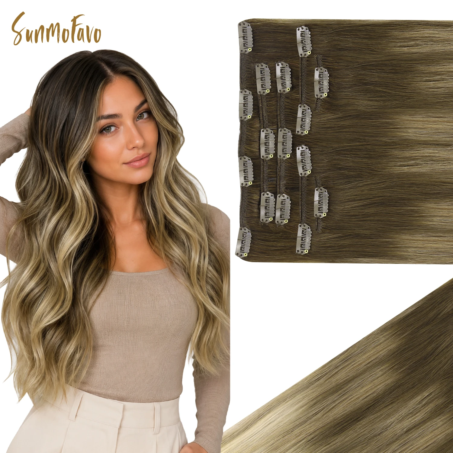 Sunmofavo Clip In Human Hair Extensions 100% Remy Straight, 3‑8‑613 Walnut Brown Bleach Blonde Ombre, Seamless Clip‑On Hairpieces 7Pcs 120G For Fine Thin Hair Silky Smooth Re‑Stylable Non‑Slip Clips For Women Daily Evening Events Quick Volume