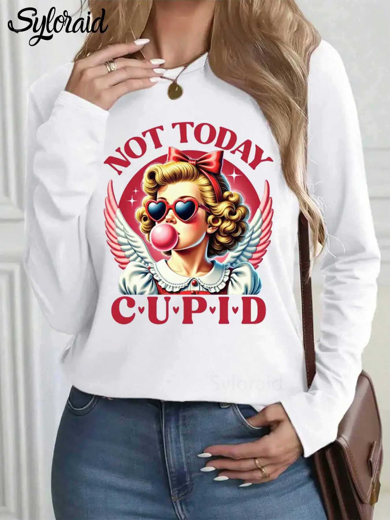 Damska koszulka z długim rękawem z nadrukiem walentynkowym: T-shirt z napisem \\\\\\\"Not Today Cupid\\\\\\\", modny top z okrągłym dekoltem, casualowy.