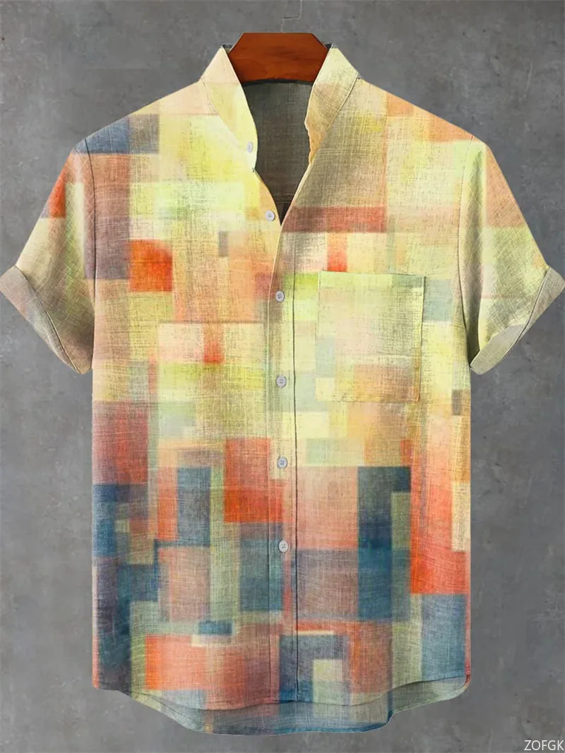 الرجال هاواي قميص كتان الصيف ثلاثية الأبعاد اللون المطبوعة قصيرة الأكمام بحر ، ريترو لباس غير رسمي Ropa De Hombres الرجال القمصان #3