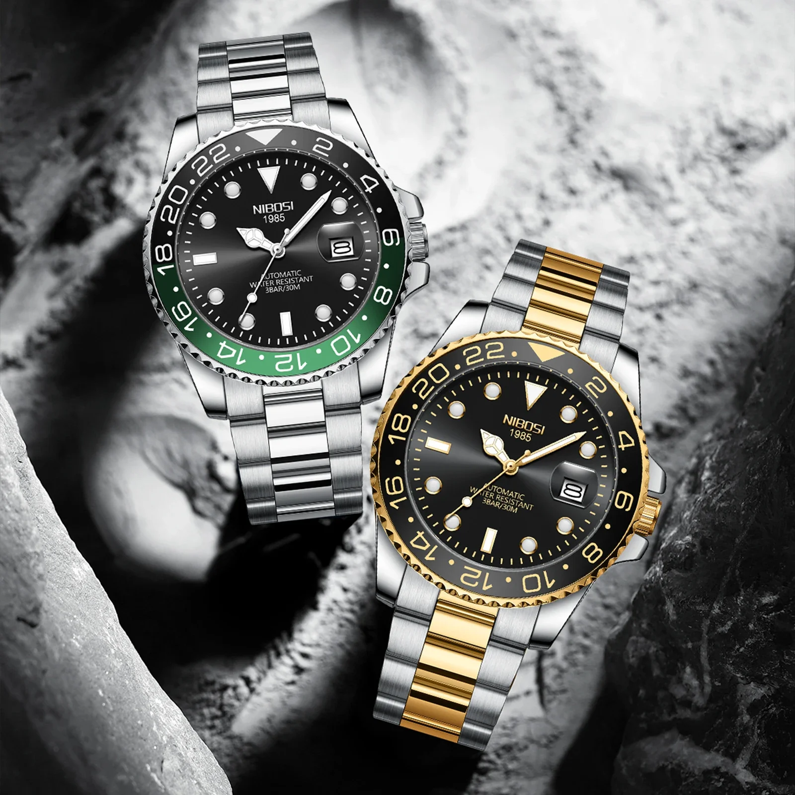 ساعات NIBOSI Limited GMT للرجال من أفضل العلامات التجارية الفاخرة بتاريخ تلقائي كوارتز للرجال مقاومة للماء ومضيئة من الفولاذ المقاوم للصدأ #3