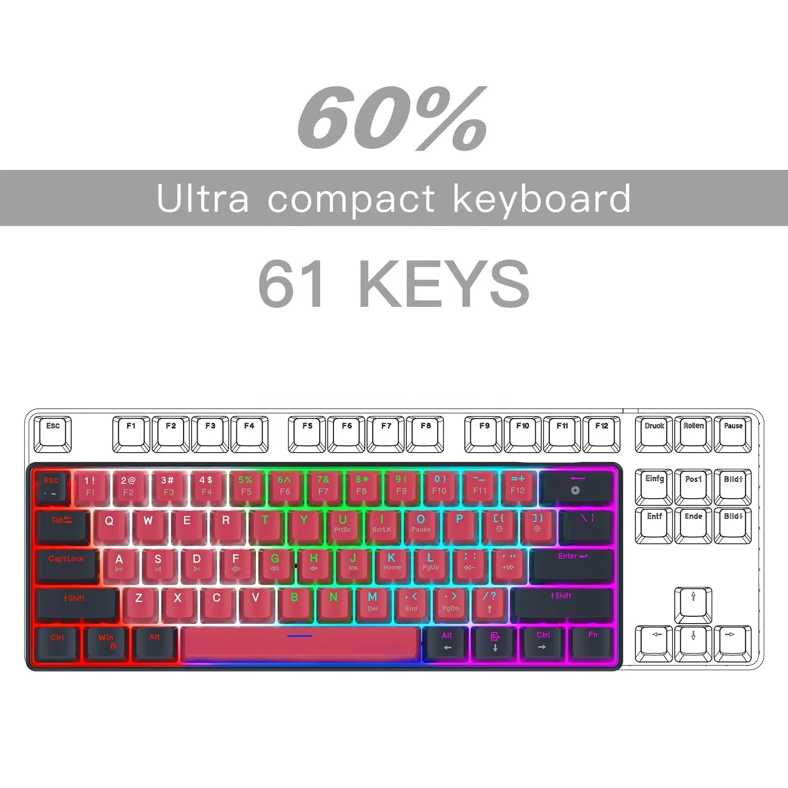 Classic 60% Compact Design Wired Mechanical Keyboard Various Dazzling Lights 61 Keys Blue Switch USB-C Computer Gaming Keyboard