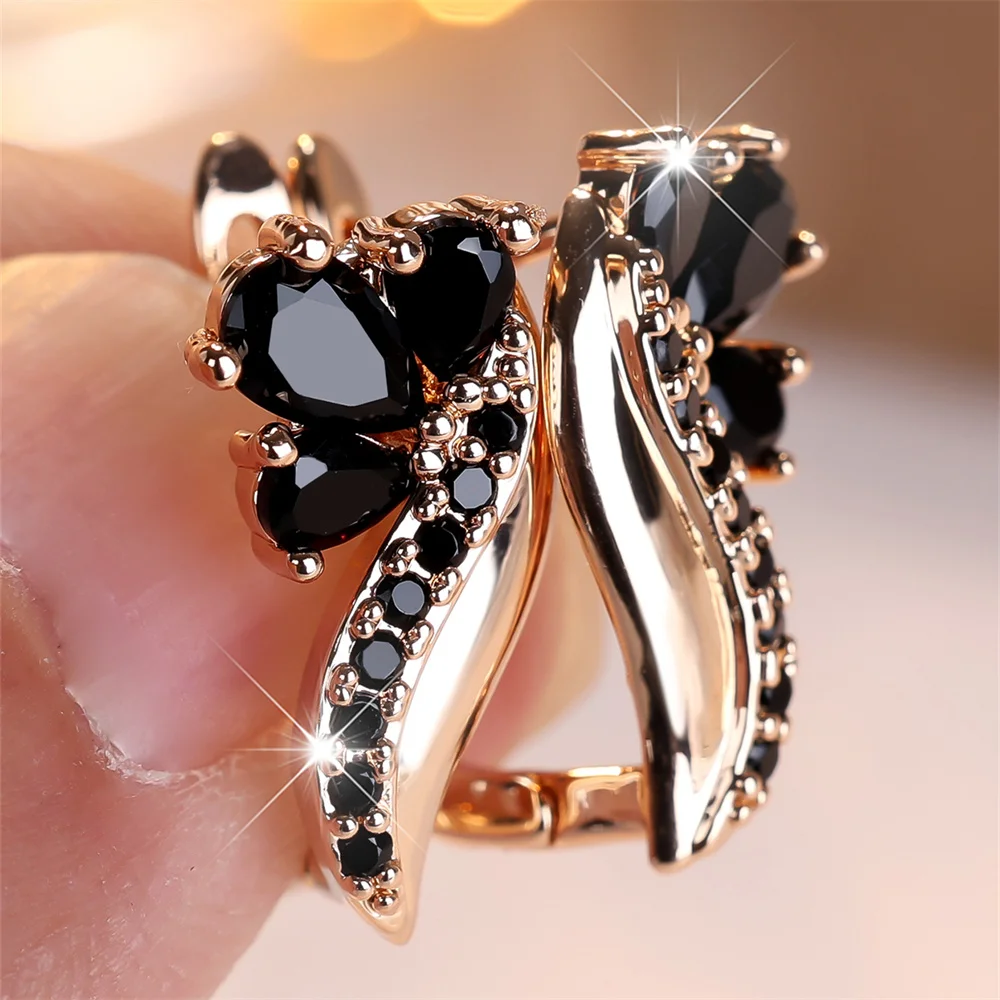 Water Drop Stone Antique Black Crystal Hoop Earrings For Women Vintage Gold Color Small Flower Wedding Jewelry Gifts