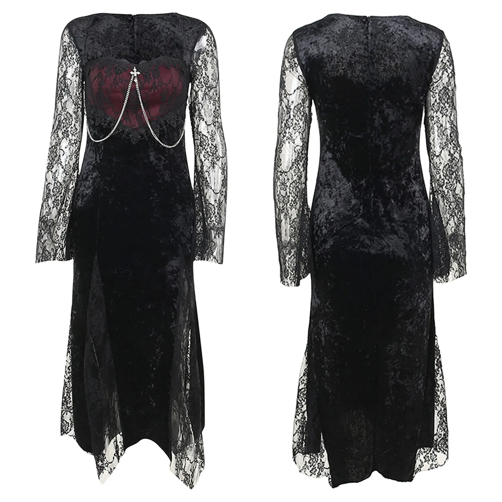 Abito da vampiro da donna punk gotico, manica lunga svasata, orlo a fessura, abito in velluto patchwork di pizzo floreale trasparente per la festa di cosplay di Halloween