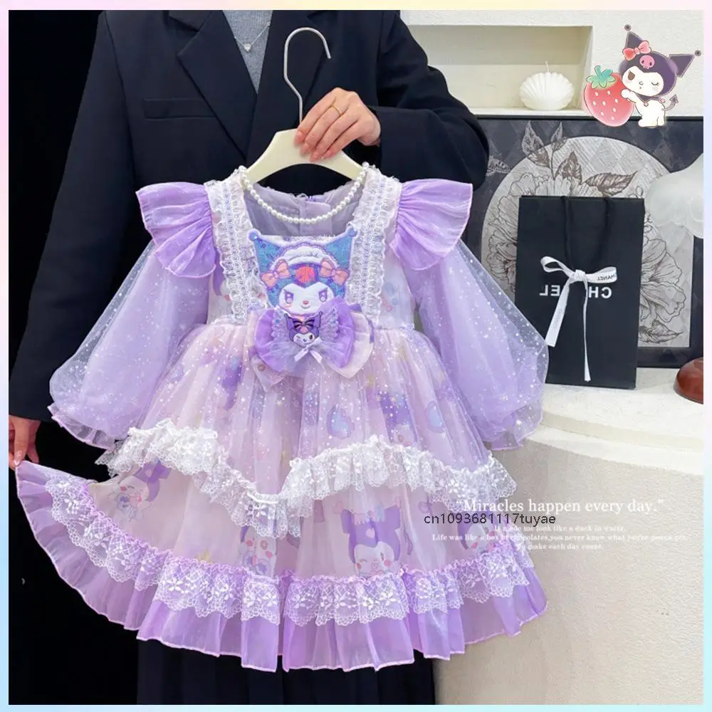 

Kawaii Spring New Kuromi Children Girls' Lolita Dress Sanrios Anime Long Sleeves Princes Dress Birthday Party Cosplay Dress Gift