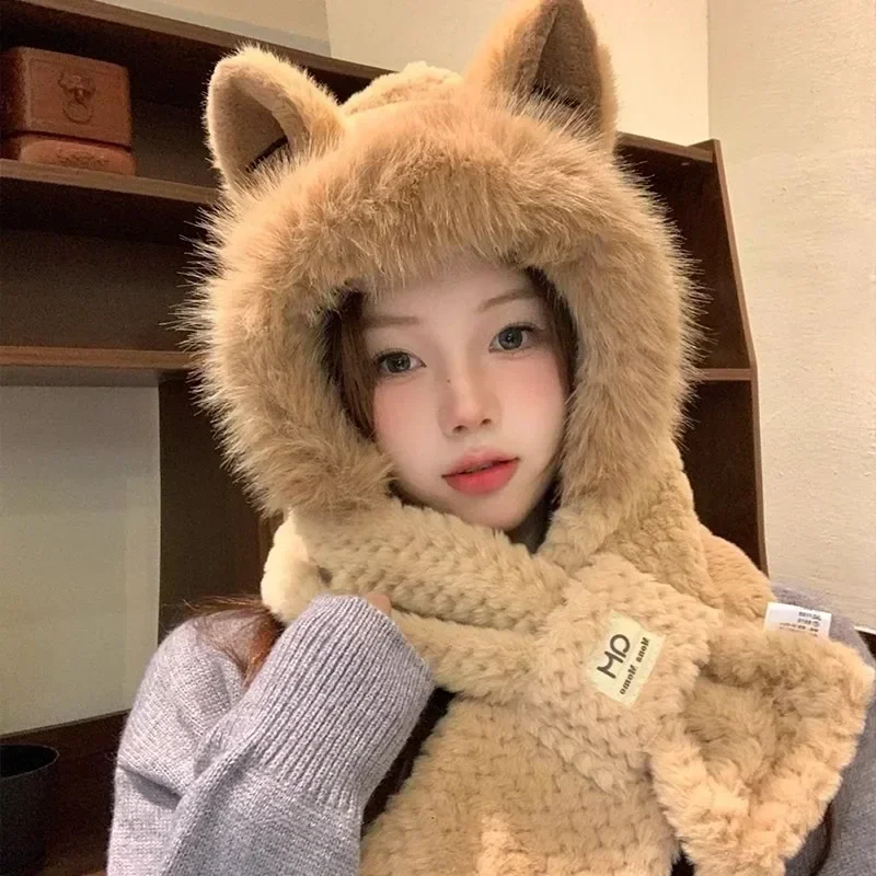 

Winter Fox Ears Hat Scarf Set Thickened Plush Ear Protection One Piece Hat Cute Fox Ear Design Keep Warm Ear Muffs Hat