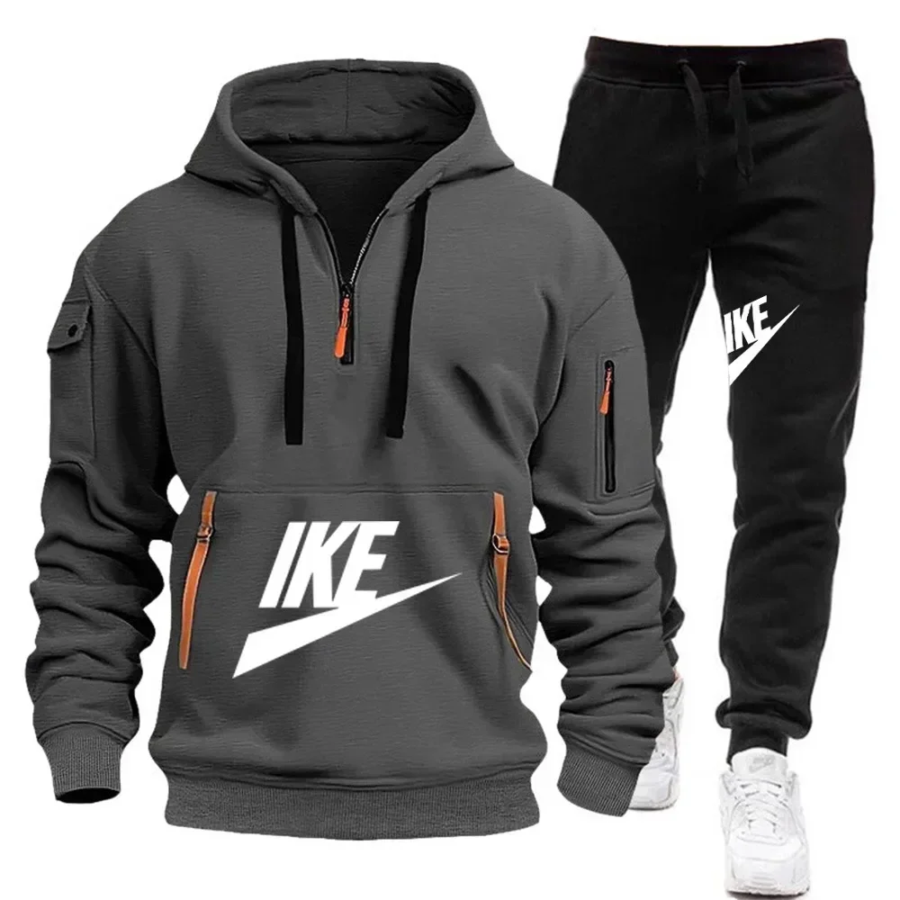 A new autumn and winter fashion men's casual sportswear set, featuring a warm hooded pullover and jogging pants in two pieces