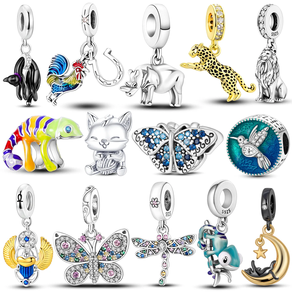 Goldene Leoparden-Charm-Perlen aus 925er Silber, farblich, Chamäleon, Nashorn, Löwe, Skarabäus, Katze, baumelnd, passend für Original-Armreif, Schmuck