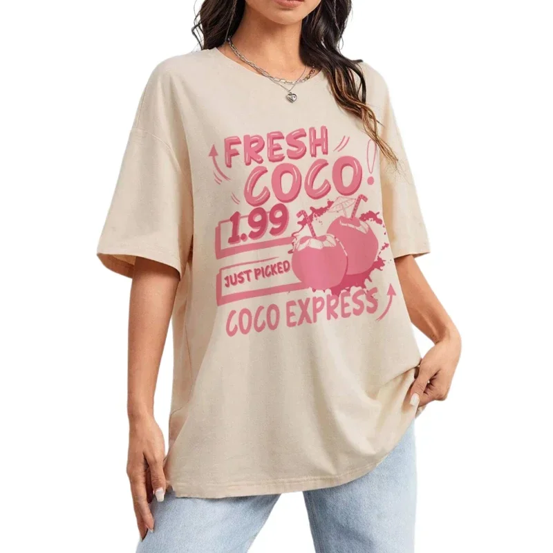 

Retro Style Coconut Print Tropical Beach T-Shirts for Women Oversized Vsco Aesthetic Graphic Tees Trendy Fashion Vacation Tops