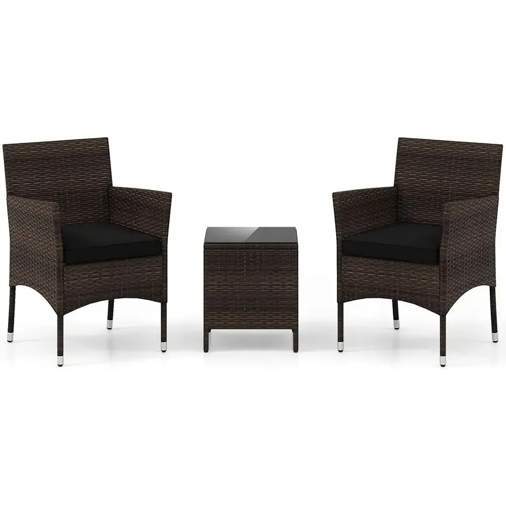 Black 3-Piece Outdoor Wicker Patio Furniture Set with 2 Chairs and Glass Top Table for Backyard, Porch, or Poolside
