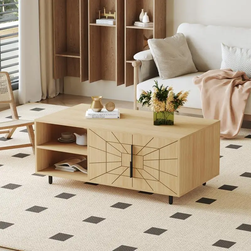طاولة قهوة MDF حديثة مزخرفة على شبكة العنكبوت - فن هندسي وتصميم عملي بألوان خشبية طبيعية، 43.3 × 23.6 × 17.8 بوصة -