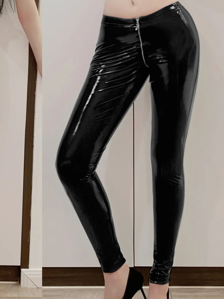 

Glossy PU Leather Zipper Open Crotch Pants Prom Queen Sexy Pants For Women Solid Color Shine Charming Playful Style Pants UXSH