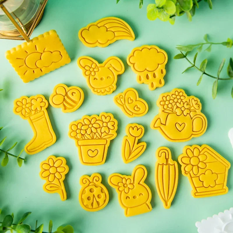 Weather Spring Collection Cookie Mold Bee Flower Rabbit Umbrella Sun Fondant Embosser Cutter Easter Birthday Cake Decoating Tool