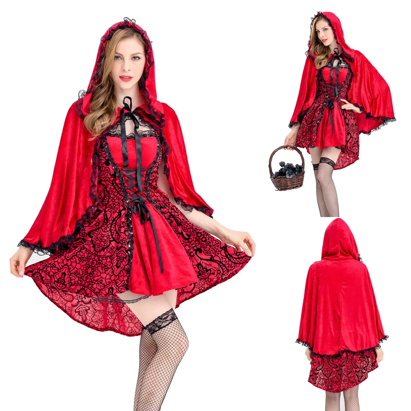 2024 Kleine Rode Kap Outfit Kostuum Volwassen Vrouwen Halloween Cosplay Fancy Dress Vrijgezellenfeest Jurk Cape Set Outfit